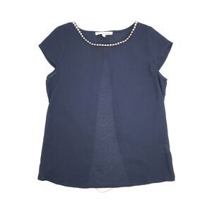 Love Letter Collection Open Back Chain Chiffon Blouse Small Navy Blue Gold Top S